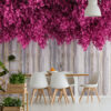 3D Pink Floral Wallpaper on Wooden Wall Look