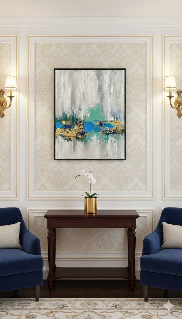 Abstract Teal and Gold Horizon" Hand-Painted Wall Art