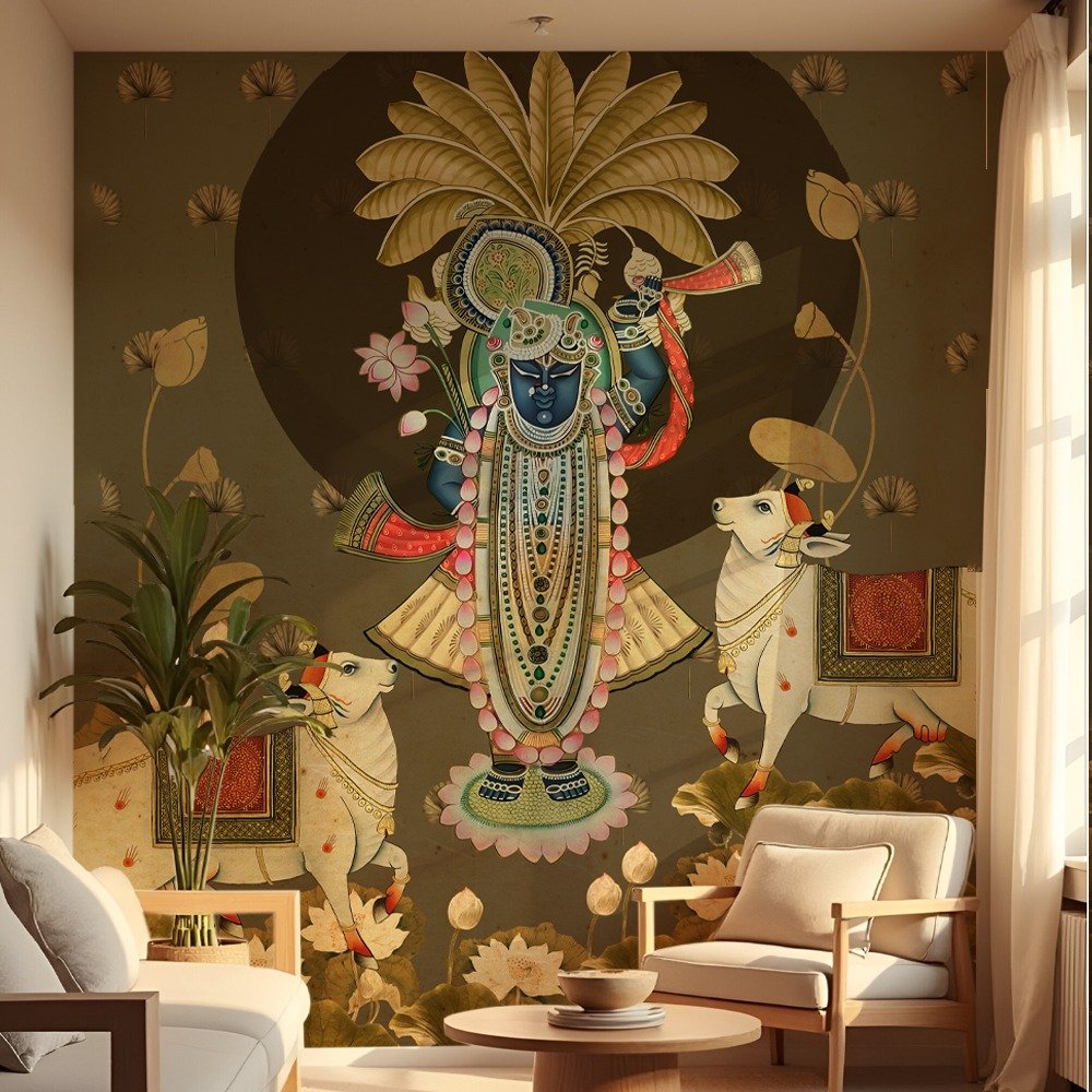 Divine Shrinathji Pichwai Custom Wallpaper – A Spiritual Statement for Your Space