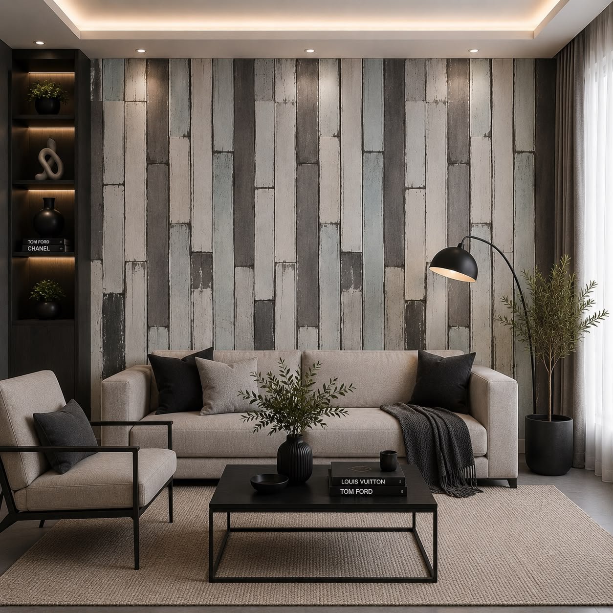 White base Multi shaded Wood Plank - PVC Wallpaper