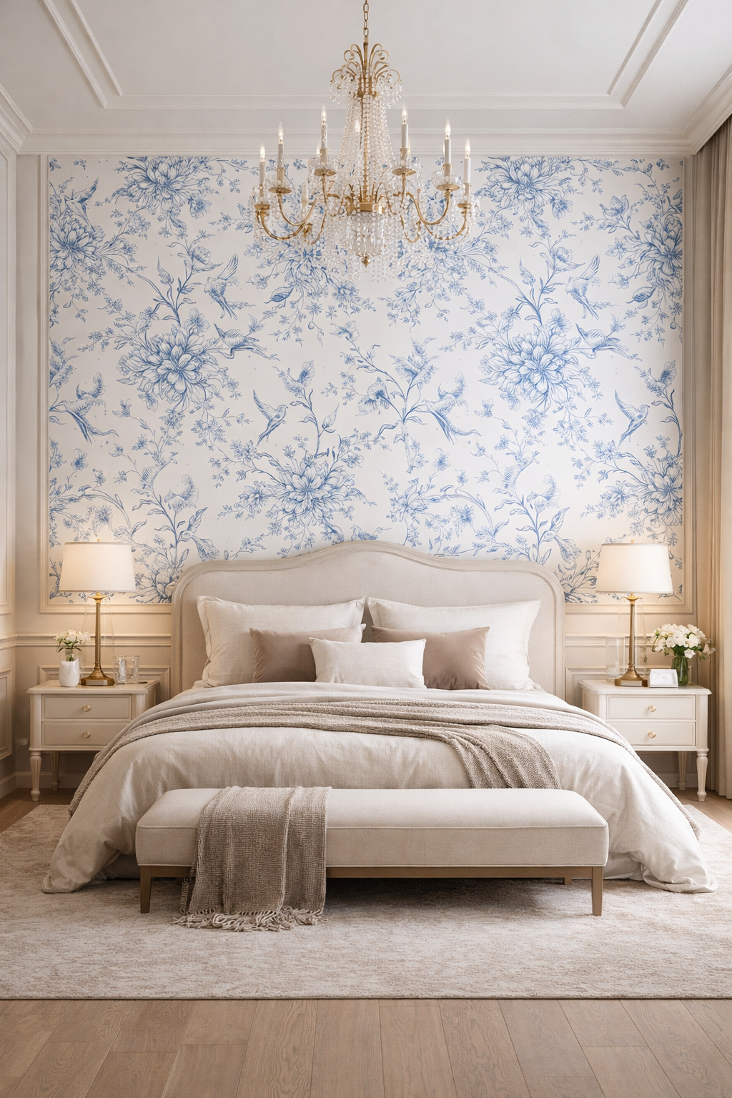 Imperial Bleu Floral Bird Mural – Luxury Custom Wallpaper