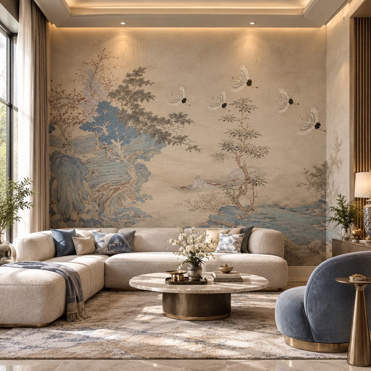 Japanese Landscape Wallpaper | Crane & Mountain Scenic Mural | Luxury Nature Wallpaper| Mural