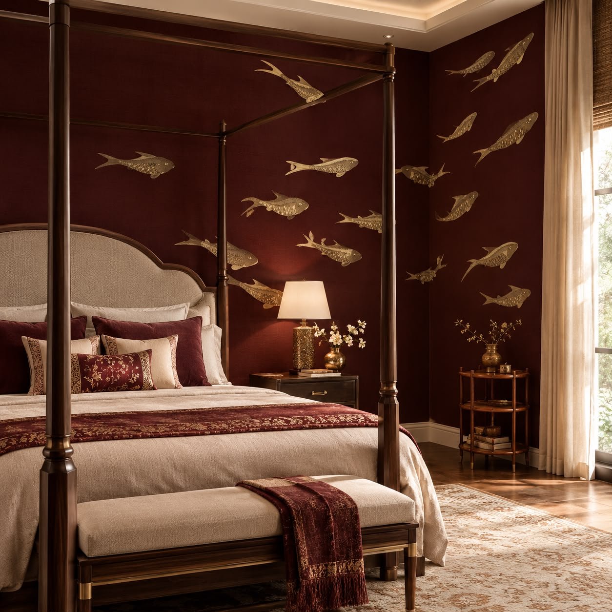 Luxury Burgundy & Gold Fish Wallpaper – Bespoke Designer Wallcovering