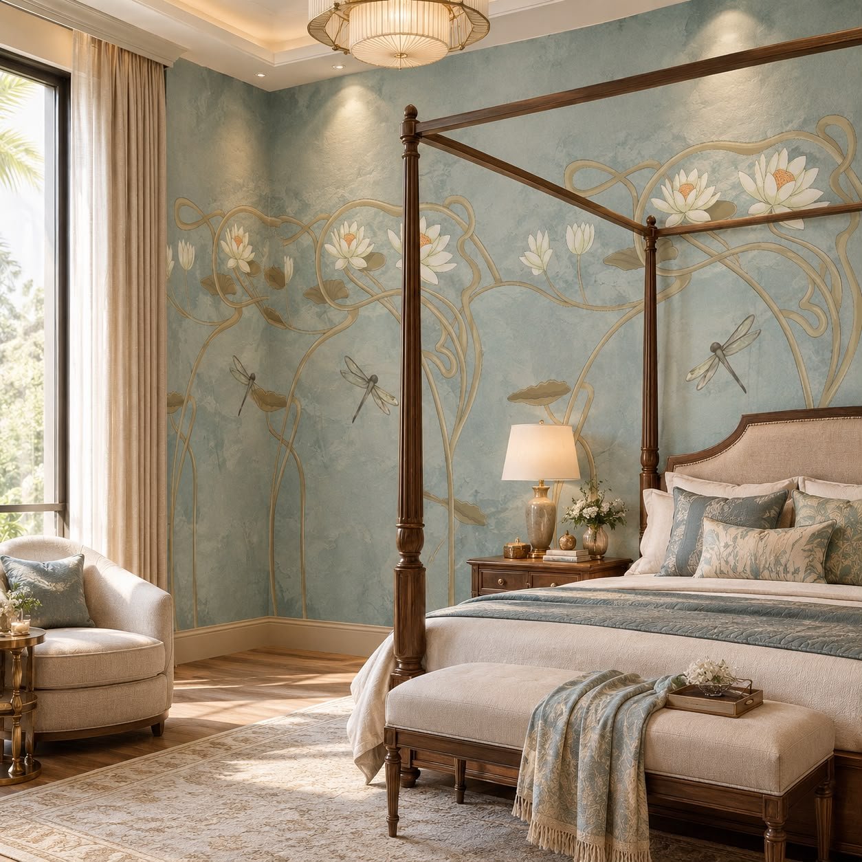 Luxury Blue Lotus Wallpaper – Bespoke Botanical Designer Wallcovering