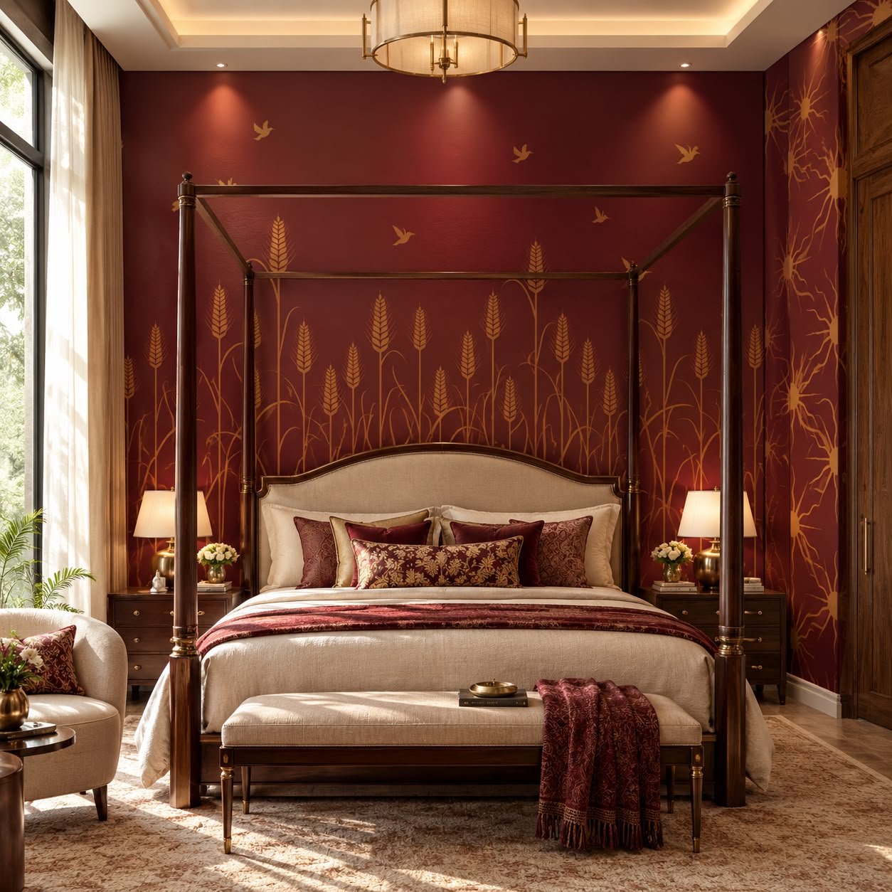 Luxury Burgundy & Gold Botanical Wallpaper – Bespoke Designer Wallcovering